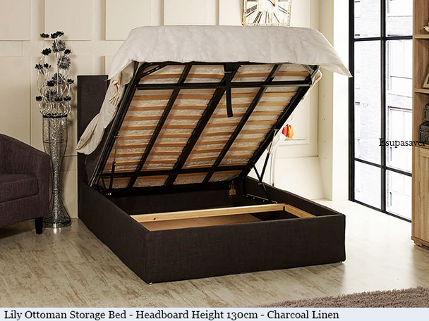 Lily gas lift ottoman bed shown in charcoal linen fabric Lily gas lift ottoman bed shown in charcoal linen fabric