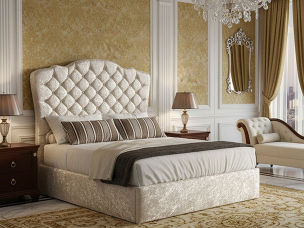 Elevate your bedroom with the Esupasaver Bourges Gas Lift Ottoman Bed Frame, showcasing a chic curved headboard and practical storage solution for your space.