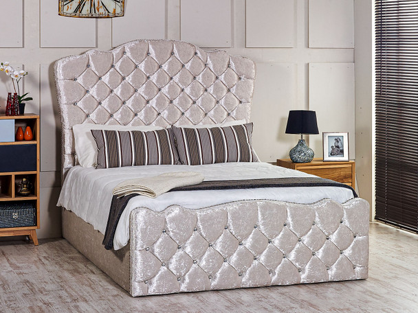Discover the Esupasaver Rochelle Gas Lift Ottoman Bed Frame, featuring deep buttoned detailing and a stylish curved headboard for ultimate comfort and storage.