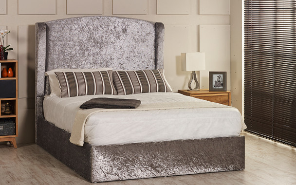 Seville ottoman wing bed shown in silver crush velvet fabric 