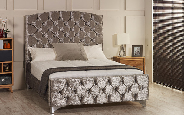 Samara upholstered bed frame shown in ice crush velvet fabric with diamante button and chrome  feet.
The Esupasaver Bed Company Quality Beds Made in England