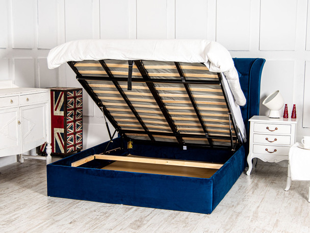 Sienna Gas Lift Ottoman Wing Bed Blue Smooth Velvet Fabric Sienna Gas Lift Ottoman Wing Bed Blue Smooth Velvet Fabric