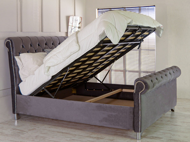 Experience luxury and practicality with the Esupasaver Chloe Ottoman Sleigh Storage Bed Frame. Available with chrome or wooden feet for a sophisticated touch.  Experience luxury and practicality with the Esupasaver Chloe Ottoman Sleigh Storage Bed Frame. Available with chrome or wooden feet for a sophisticated touch.