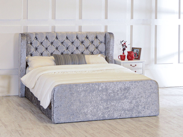 Esupasaver Adelmo Gas Lift Ottoman Wing Bed Silver Crush Velvet Diamante Buttons Esupasaver Adelmo Gas Lift Ottoman Wing Bed Silver Crush Velvet Diamante Buttons