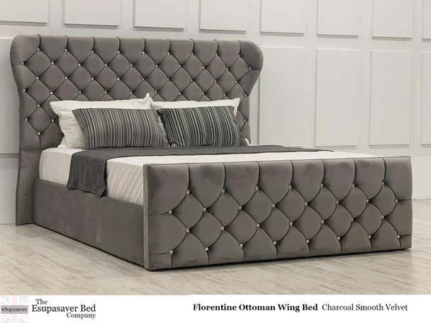 Florentine Gas Lift Ottoman Wing Bed Charcoal Smooth Velvet Diamante Buttons