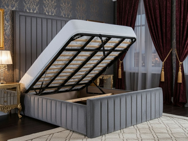 Transform your bedroom with the Angelina Gas Lift Ottoman Bed. Enjoy a stylish design with a deep storage base, combining functionality and elegance seamlessly.