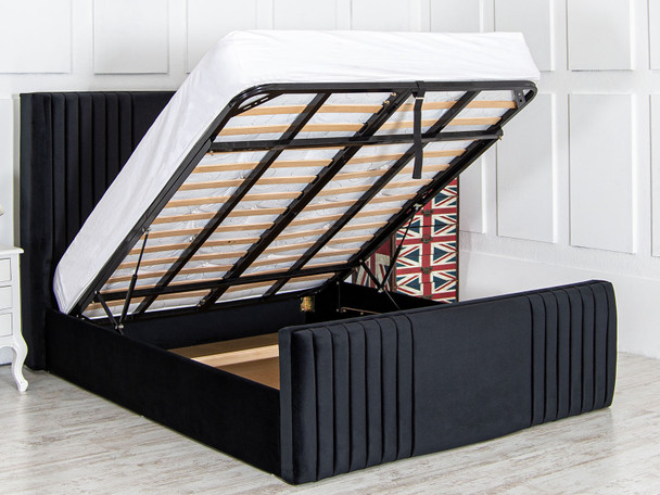 Discover the Esupasaver Emilia Ottoman Storage Bed, featuring a stylish wing headboard and elegant accent lines. Perfect for adding charm and functionality to your bedroom!