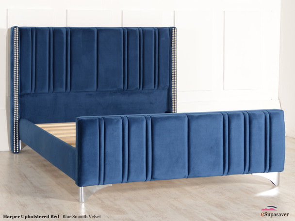 Harper Upholstered Bed Frame Blue Smooth Velvet