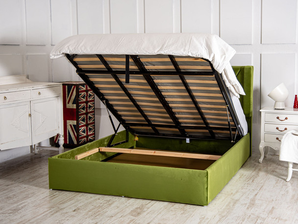 Elevate your bedroom with the Esupasaver Sawyer Gas Lift Ottoman Storage Wing Bed Frame, combining elegant accent lines and practical storage in one stunning piece.