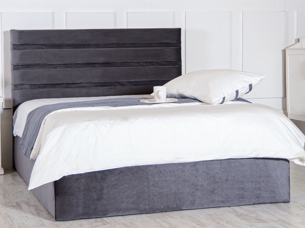 Discover the Esupasaver Jules Upholstered Ottoman Bed Frame, featuring deep horizontal accent lines and a stylish low footboard for a modern touch in your bedroom