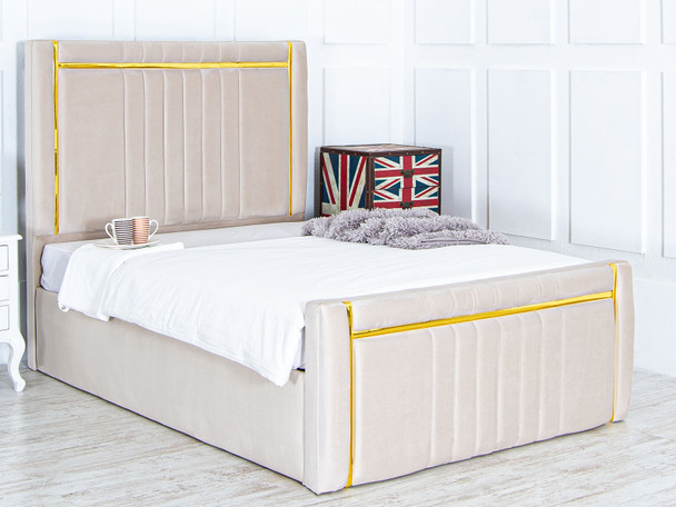 Elevate your bedroom with the Esupasaver Hazle Ottoman Bed, designed with deep storage and stunning gold accents for a perfect blend of style and functionality.