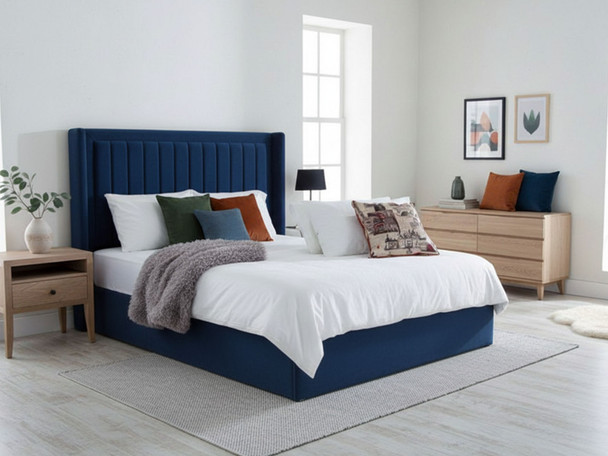 Discover the Esupasaver Annie Ottoman Storage Bed featuring a stylish wing headboard and elegant accent lines, perfect for enhancing your bedroom decor.