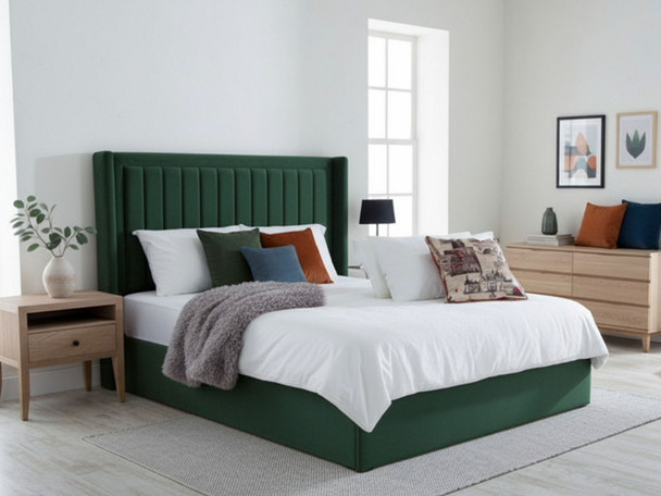 Discover the Esupasaver Annie Ottoman Storage Bed featuring a stylish wing headboard and elegant accent lines, perfect for enhancing your bedroom decor.