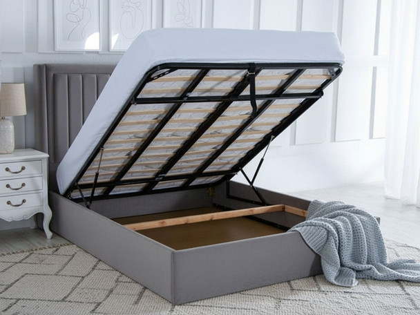 Discover the Esupasaver Annie Ottoman Storage Bed featuring a stylish wing headboard and elegant accent lines, perfect for enhancing your bedroom decor.