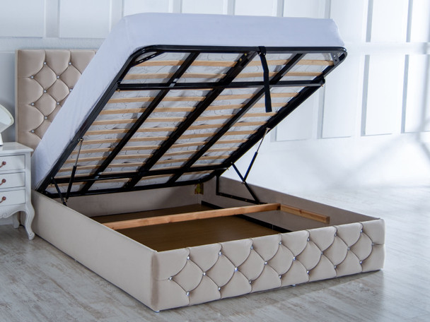 Discover the Esupasaver Isadora gas lift storage bed, featuring a deep buttoned design and ample storage space, complemented by a detailed footboard for elegance.
