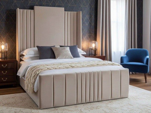 Esupasaver Callie Gas Lift Ottoman Storage Wing Bed - 2 Metre High Headboard.  Available in Smooth Velvet, Crush Velvet, Chenille, Linen, Faux Suede & Tweed Fabrics