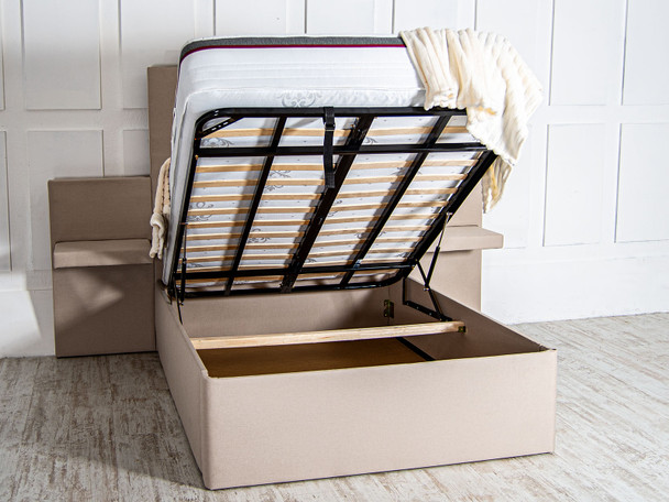 Discover the Esupasaver Beautiful Romana Deep Storage Ottoman Bed Frame, featuring an extra high headboard and built-in bedside tables for ultimate style and functionality.