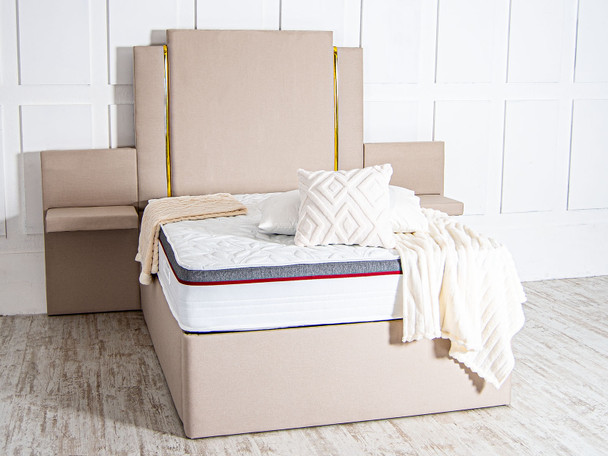 Discover the Esupasaver Beautiful Romana Deep Storage Ottoman Bed Frame, featuring an extra high headboard and built-in bedside tables for ultimate style and functionality.