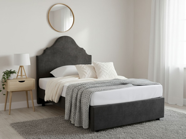 Elevate your bedroom with the Esupasaver Raelyn Upholstered Bed. Choose from luxurious fabrics and enjoy the sturdy design with a curved headboard, crafted in the UK.