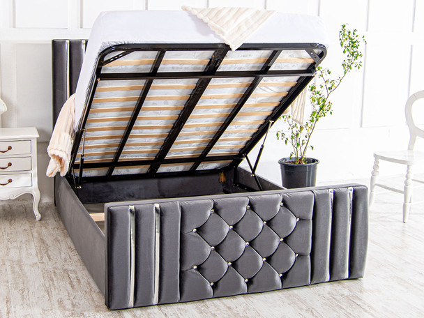 Discover the Esupasaver Maisie Gas Lift Ottoman Storage Bed Frame, featuring elegant tufted button details and stylish chrome accents. Discover the Esupasaver Maisie Gas Lift Ottoman Storage Bed Frame, featuring elegant tufted button details and stylish chrome accents.
