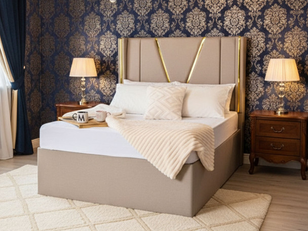 Discover the Esupasaver Beautiful Posie Deep Storage Ottoman Wing Bed Frame, featuring a chic Extra High headboard with stylish gold accent lines for a modern touch. Discover the Esupasaver Beautiful Posie Deep Storage Ottoman Wing Bed Frame, featuring a chic Extra High headboard with stylish gold accent lines for a modern touch.