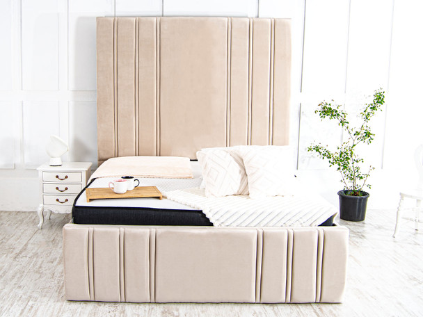 Discover the Esupasaver Beautiful Raquela Deep Storage Ottoman Bed Frame, featuring a chic Extra High headboard with stylish accent lines for a modern touch.