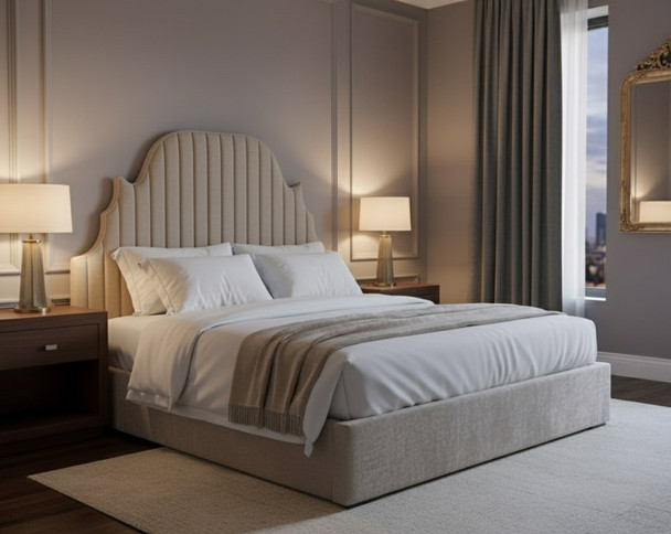 Transform your bedroom with the Esupasaver Ariyah Wall-Mounted Headboard Panel. Its elegant curved design and fluted accents add a touch of sophistication.
