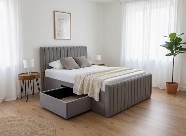 Elevate your bedroom with the Esupasaver Iris Upholstered Bed Frame, designed with chic accent lines and a practical jumbo side drawer for extra storage.