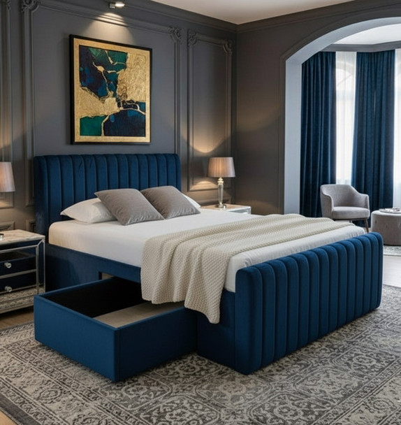 Elevate your bedroom with the Esupasaver Iris Upholstered Bed Frame, designed with chic accent lines and a practical jumbo side drawer for extra storage.