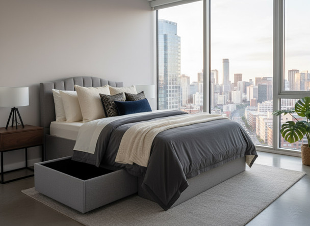 Elevate your bedroom with the Esupasaver Iris Upholstered Bed Frame, designed with chic accent lines and a practical jumbo side drawer for extra storage.