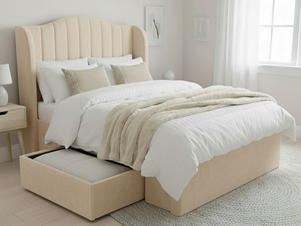 Elevate your bedroom with the Esupasaver Lilia Bed Frame. Enjoy its chic fluted design, curved wings, and spacious jumbo drawer for all your storage needs!
