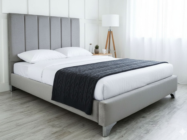Discover the Esupasaver Denver Upholstered Fabric Bed Frame, featuring elegant accent lines, customizable feet options, and sturdy solid wooden slats for lasting support
