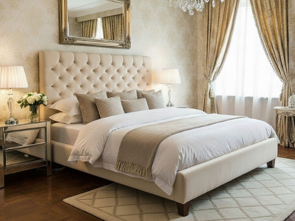 Discover the Esupasaver Chelsea Upholstered Bed Frame, featuring a deep buttoned headboard, low footboard, and options for chrome or wooden feet