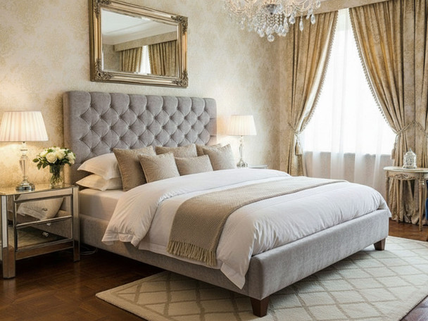 Discover the Esupasaver Chelsea Upholstered Bed Frame, featuring a deep buttoned headboard, low footboard, and options for chrome or wooden feet