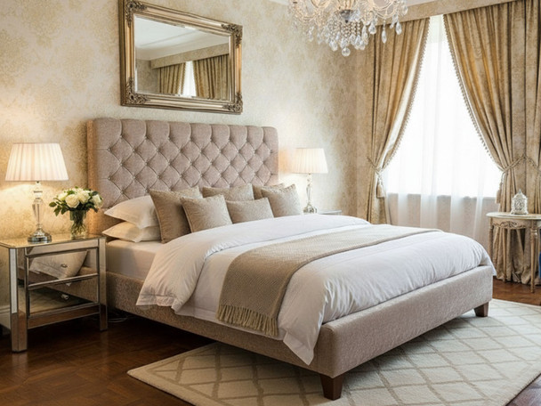 Discover the Esupasaver Chelsea Upholstered Bed Frame, featuring a deep buttoned headboard, low footboard, and options for chrome or wooden feet