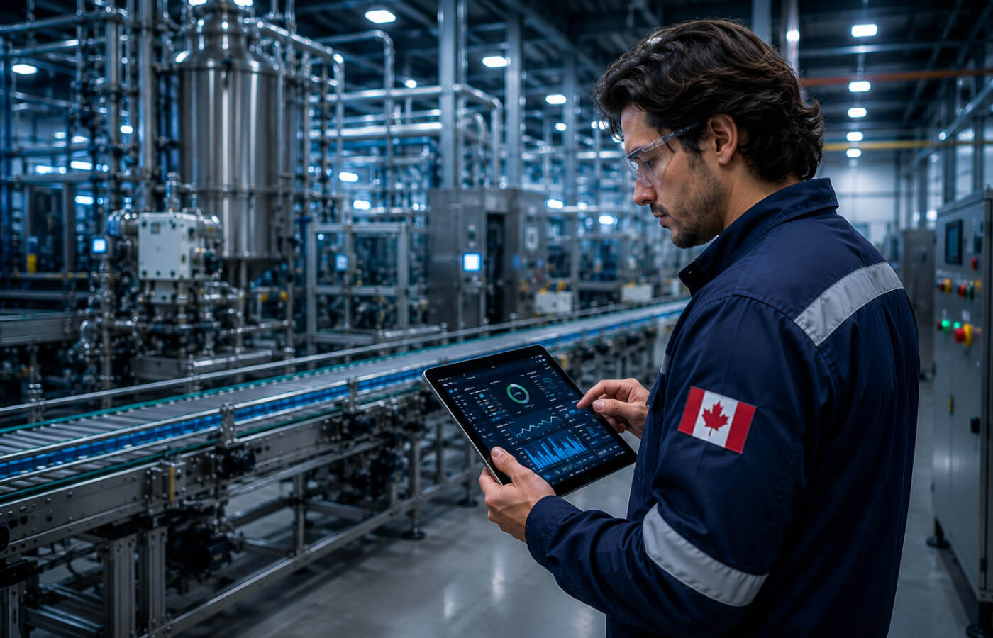 Industrial engineer monitoring production systems and automation equipment in Canada.