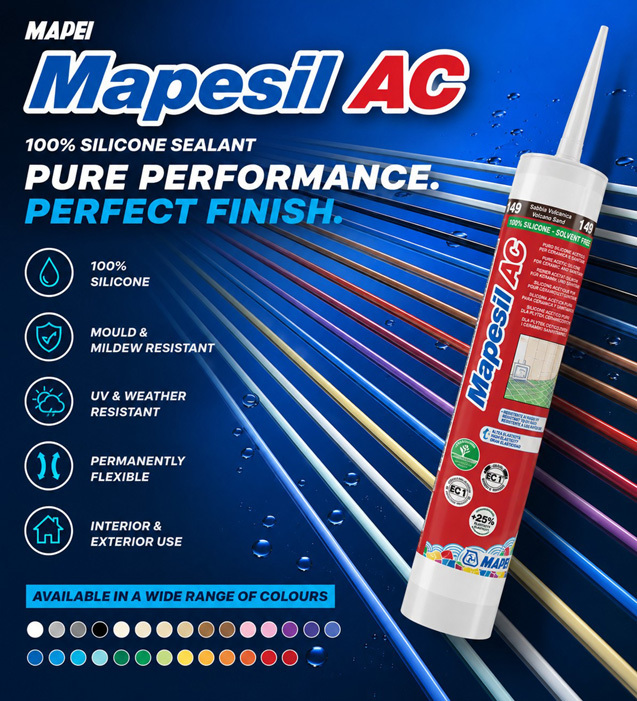 an advert for Mapei Mapesil Silicone Sealant