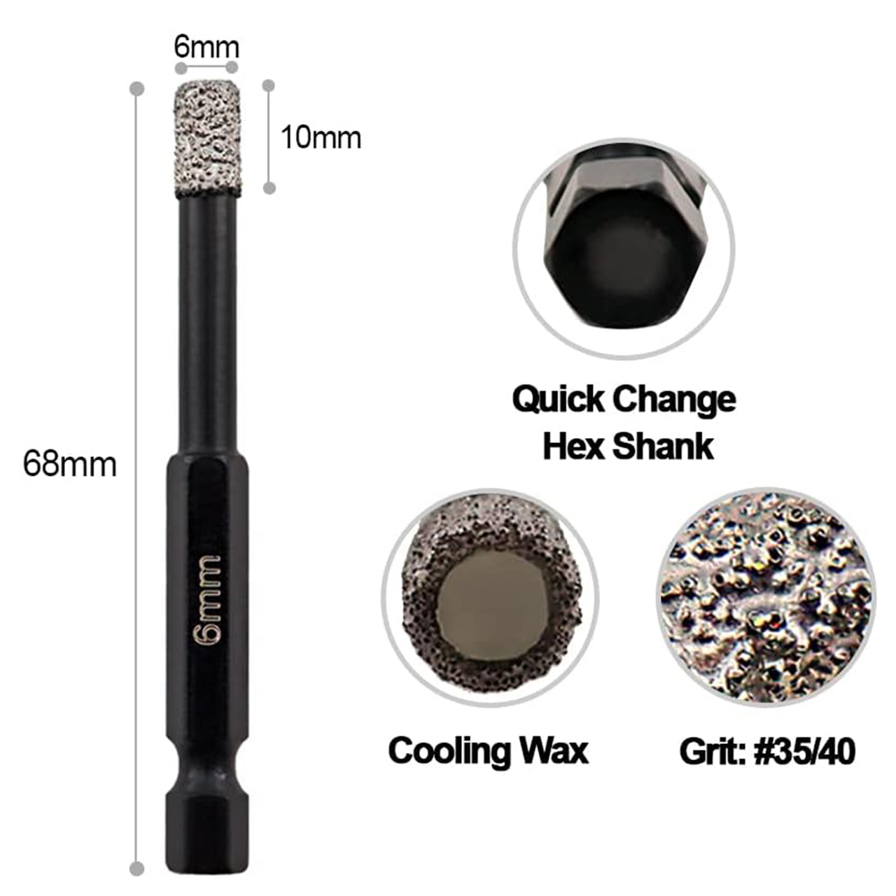 Shdiatool Quick Shank Diamond Drill Bit for Granite Porcelain Marble - Twin Pack x 6mm