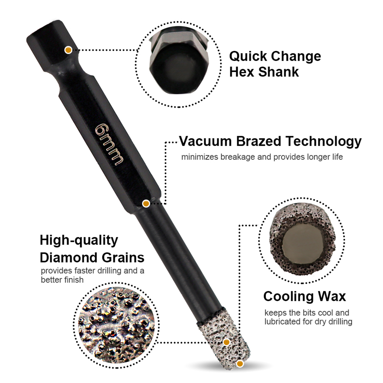 Shdiatool Quick Shank Diamond Drill Bit for Granite Porcelain Marble - Twin Pack x 6mm