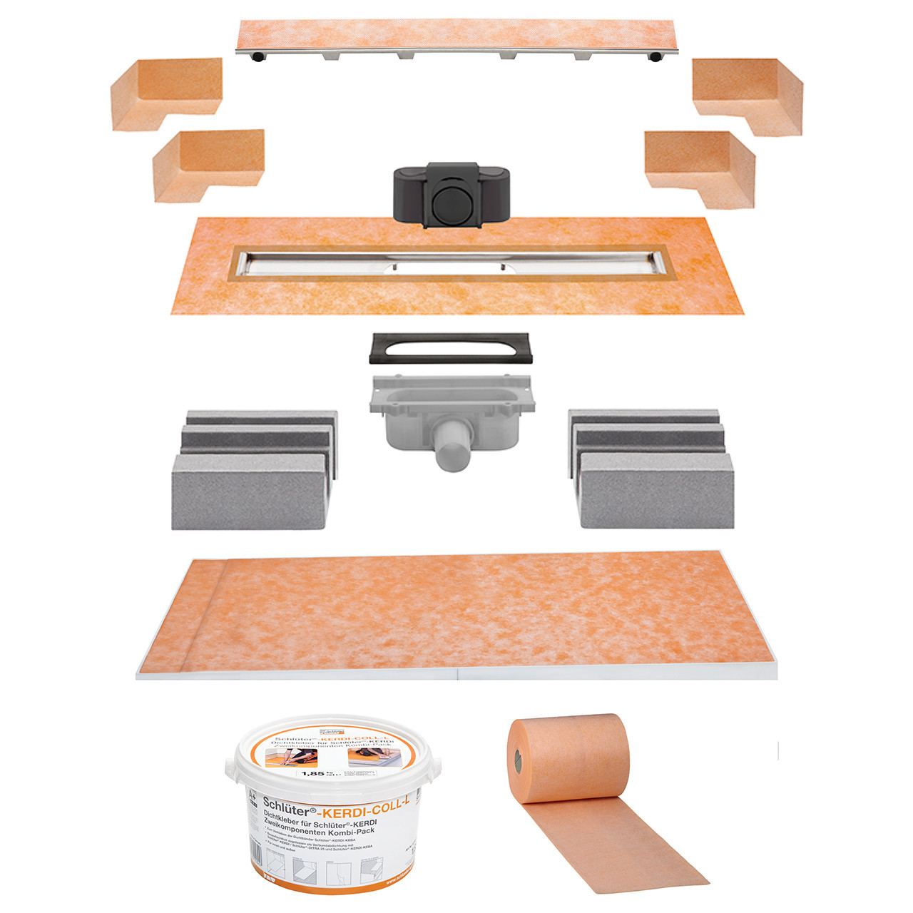 Schluter KERDI-LINE-G3 Kit - 200x136cm Tray and 100cm Tileable Grate - Centre Outlet