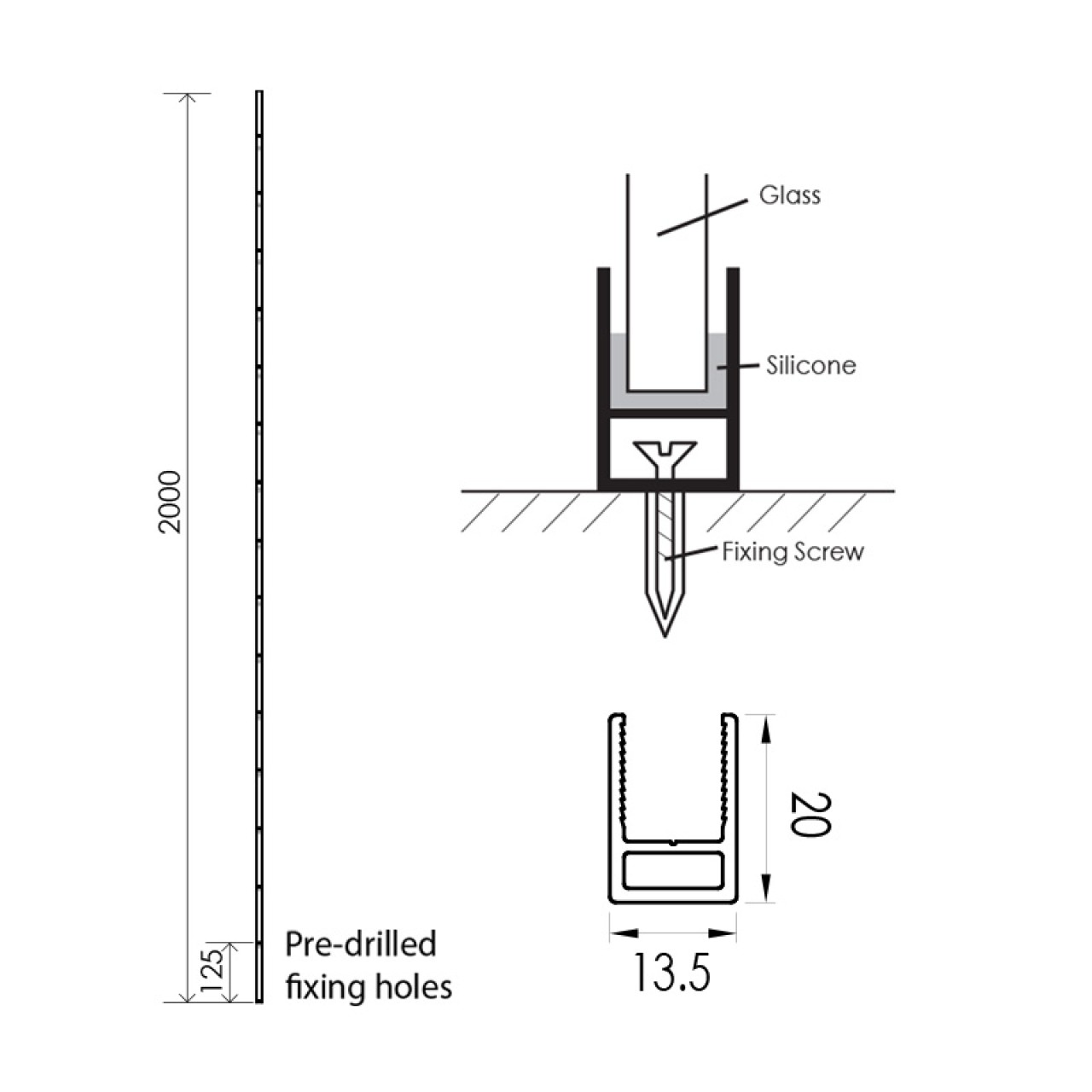 AquaFix Surface Channel for 10mm Glass Screens - Polished Chrome - 2000mm