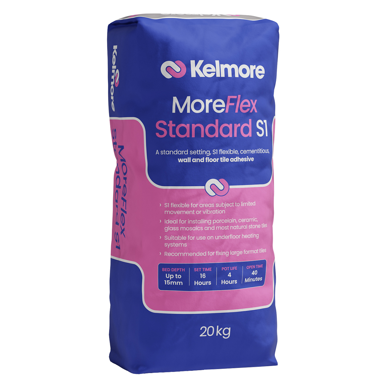 Kelmore MoreFlex Standard Set Flexible Floor & Wall Tile Adhesive - S1 - GREY - 20kg