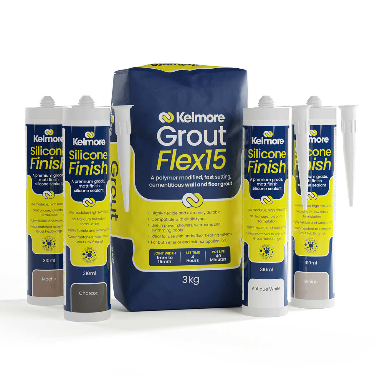 Kelmore Flex15 Grout Flexible Grout for Walls & Floors - 3kg - Silver Grey