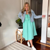 MILA MIDI DRESS - SPEARMINT WITH STACEY DISTRESSED DENIM JACKET