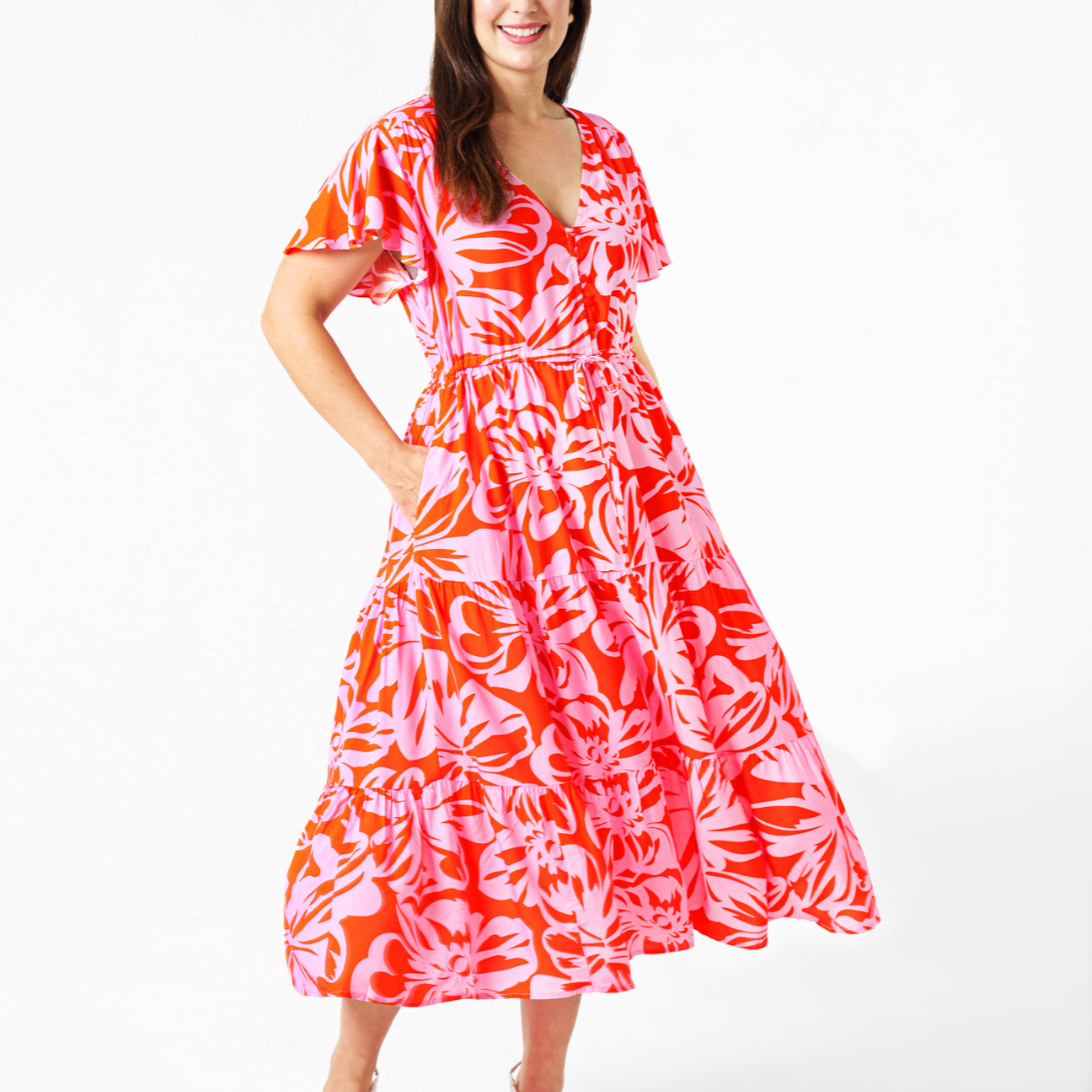 BOHO AUSTRALIA DRESSES FOLEY MIDI DRESS -RED PINK FLORAL