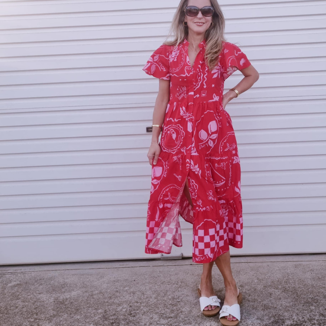 BOHO AUSTRALIA DRESSES GRAVES BABY DOLL MIDI DRESS-RED PINK