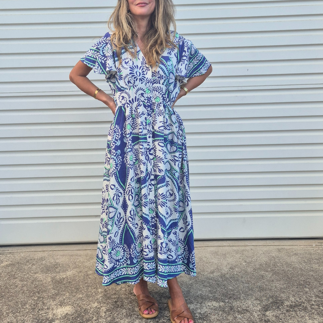 BOHO AUSTRALIA DRESSES SOLARA MIDI DRESS-BLUE AND WHITE PRINT