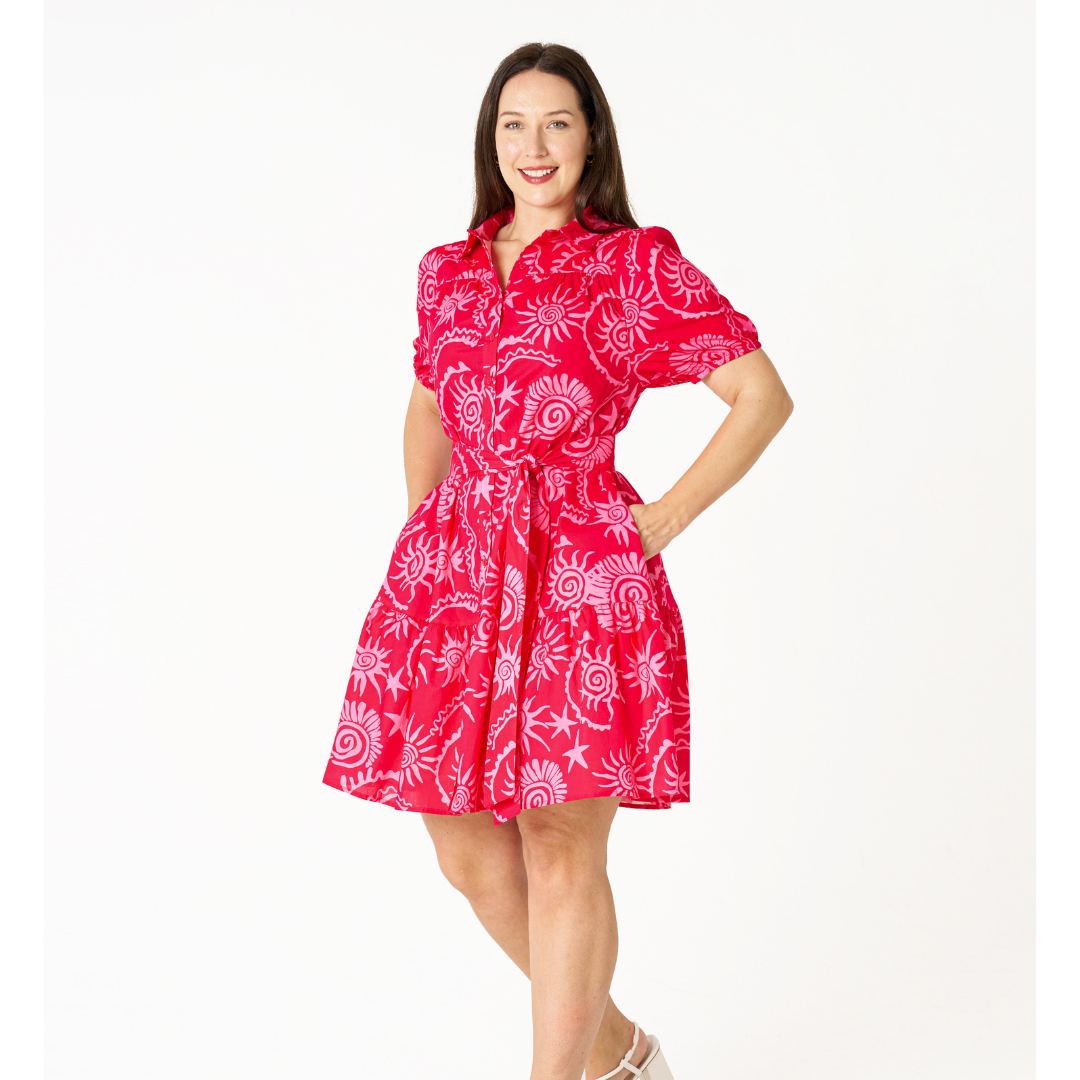 BOHO AUSTRALIA DRESSES PRIYA DRESS-RED PINK SUN PRINT| RED PINK
