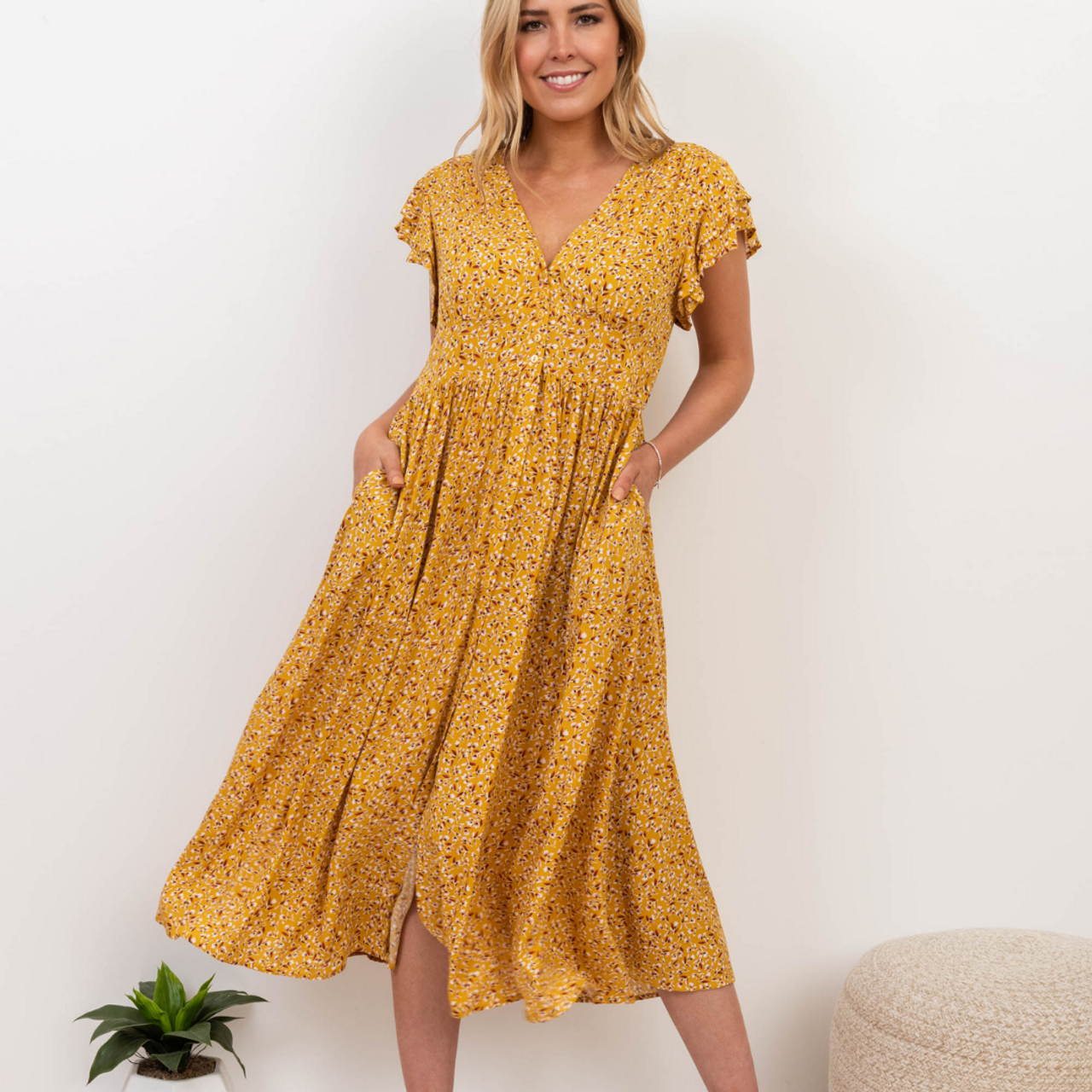 BOHO AUSTRALIA DRESSES BALINA MIDI DRESSMUSTARD