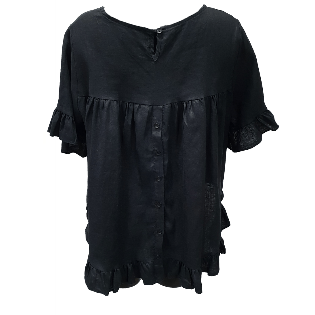 STEVIE FRILL LINEN TOPBLACK MAGENTA BELLA